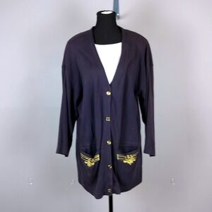 Vintage 90s Regina Porter Cotton Nautical Cardigan Navy Gold Embroidery